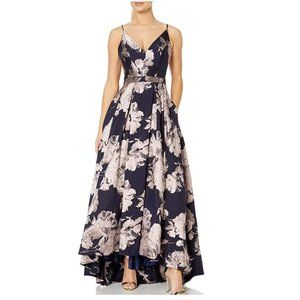 Macy's Navy And Rose Gold V-Neck Brocade Dress/Ba… - image 1